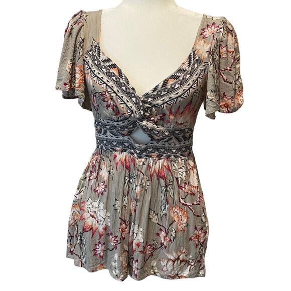 Angie Pants - Angie Cutout Front Boho Romper Sz M Pockets Smocked Back V-Neck Flutter Sleeves